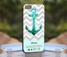 Personalized Mint Glitter Anchor - Print On Hard Case - iPhone 5 Black Case Cover - Please leave a note for the color case: WHITE CASE or CLEAR CASE